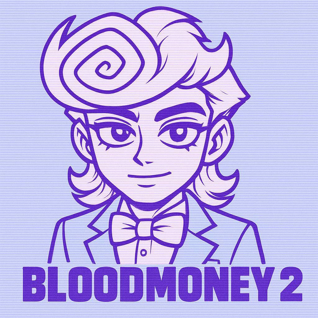 Promotional art for BloodMoney 2, featuring a deceptive, candy-colored horror aesthetic and the protagonist, Harvey Harvington