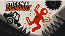 Stickman Dismount Simulator gameplay showing a ragdoll character flying into a complex array of obstacles in a vibrant 2D physics sandbox environment on bloody.games