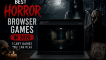 Best Horror Browser Games in 2026 featuring a haunted laptop, creepy monsters, and a dark spooky atmosphere.