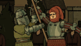 A pixelated medieval warrior wielding bloody weapons in a gritty arena