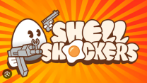 An armed cartoon egg wearing a combat helmet and holding an assault rifle in Shell Shockers