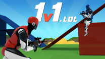 A third-person character constructing wooden ramps and aiming a shotgun in 1v1.LOL