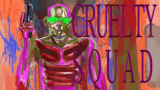 A heavily augmented operative holding a bio-weapon in a surreal dystopian hallway in Cruelty Squad