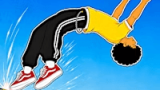 Two ragdoll characters doing backflips while shooting guns in mid-air in Flip Duel
