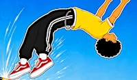 Two ragdoll characters doing backflips while shooting guns in mid-air in Flip Duel