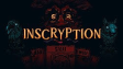 A wooden card battle table across from glowing yellow eyes in the dark cabin of Inscryption