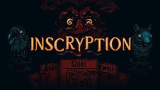 A wooden card battle table across from glowing yellow eyes in the dark cabin of Inscryption