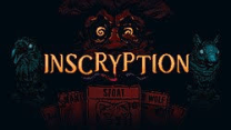A wooden card battle table across from glowing yellow eyes in the dark cabin of Inscryption