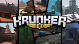 A first-person perspective holding a sniper rifle in a pixelated arena in Krunker