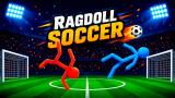 Two floppy ragdoll soccer players jumping mid-air for a giant football in Ragdoll Soccer