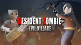 A player aiming a shotgun at zombie hordes in a dark village setting in Resident Zombie – Evil Village