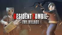 A player aiming a shotgun at zombie hordes in a dark village setting in Resident Zombie – Evil Village