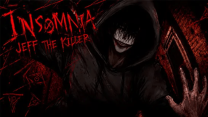 A eerie silhouette portrait of Jeff the Killer with a dark red background in Insomnia