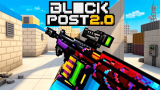 A voxel-style soldier aiming an assault rifle in a pixelated FPS battle in Blockpost 2.0