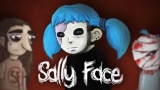 A blue-haired boy wearing a prosthetic mask standing in a gloomy apartment hallway in Sally Face