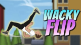 A gymnast character performing a backflip off a high rooftop ledge in Wacky Flip