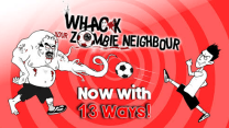 A homeowner facing off against a zombie neighbor in a suburban backyard in Whack Your Zombie Neighbour